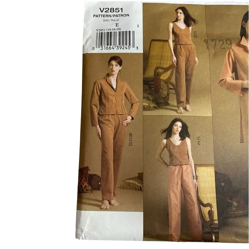 Vintage ADRI VOGUE Sewing Pattern V2851 Shirt Jacket Top Pants 14, 16, 18 UC